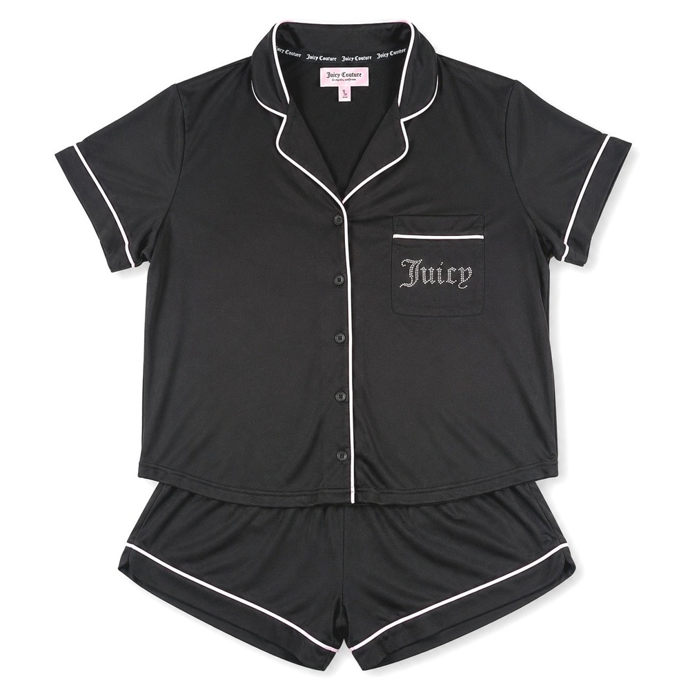 Juicy Couture Pajama Set Women's L Black Pink Rhinestone Crown Shorts Y2K Lounge